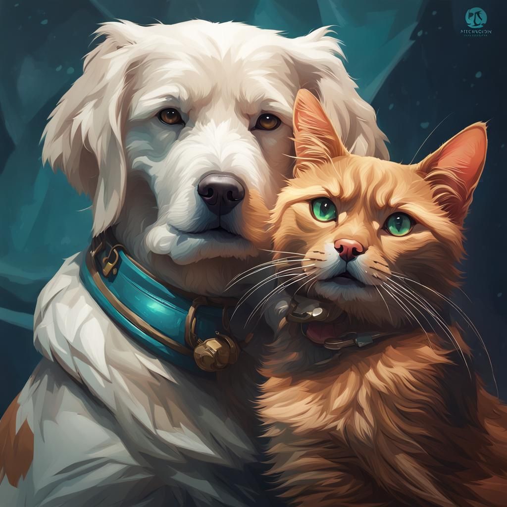 Dog and Cat Portrait in Hyperdetailed Style