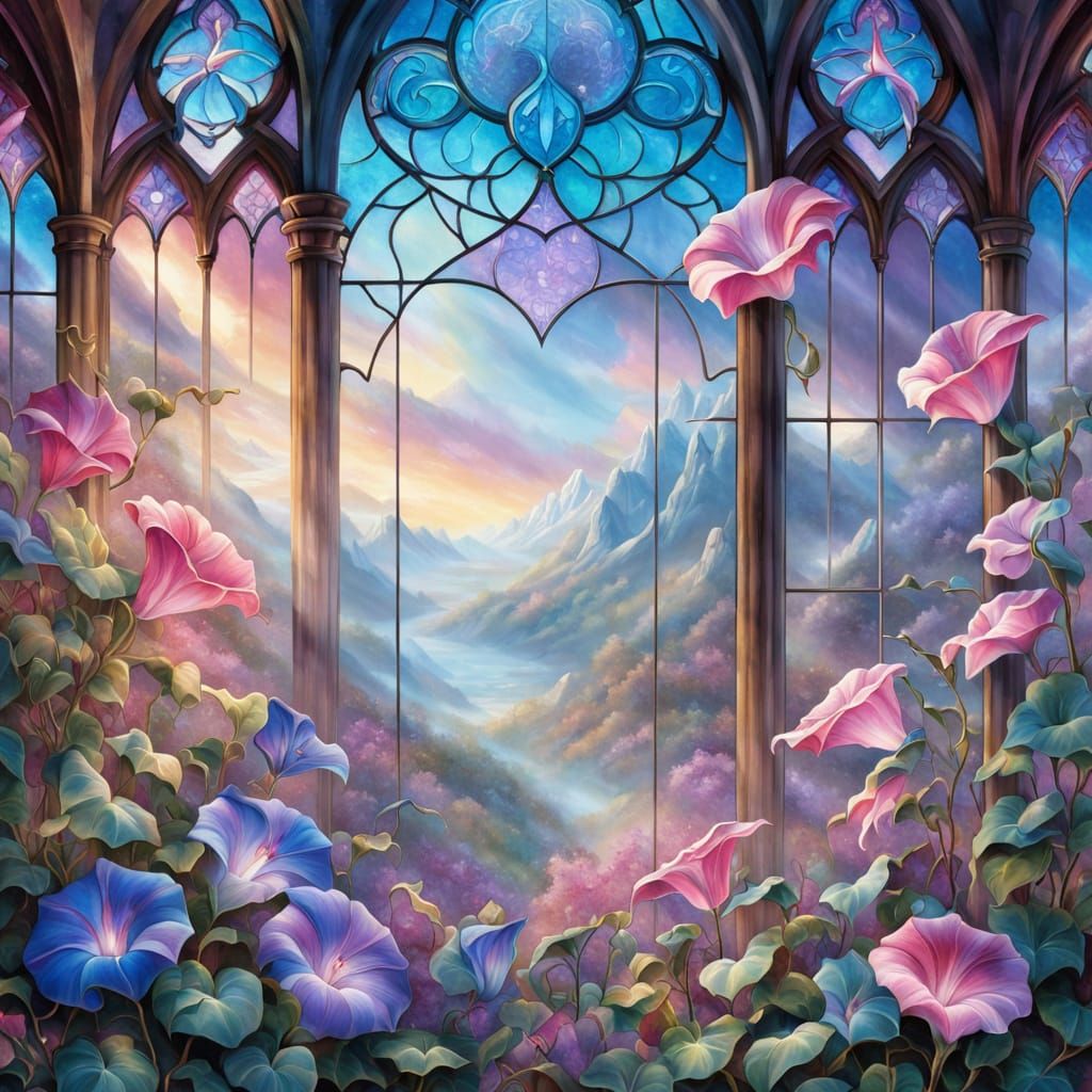 Stained Glass Morning Glory Window in Ethereal Fantasy Style