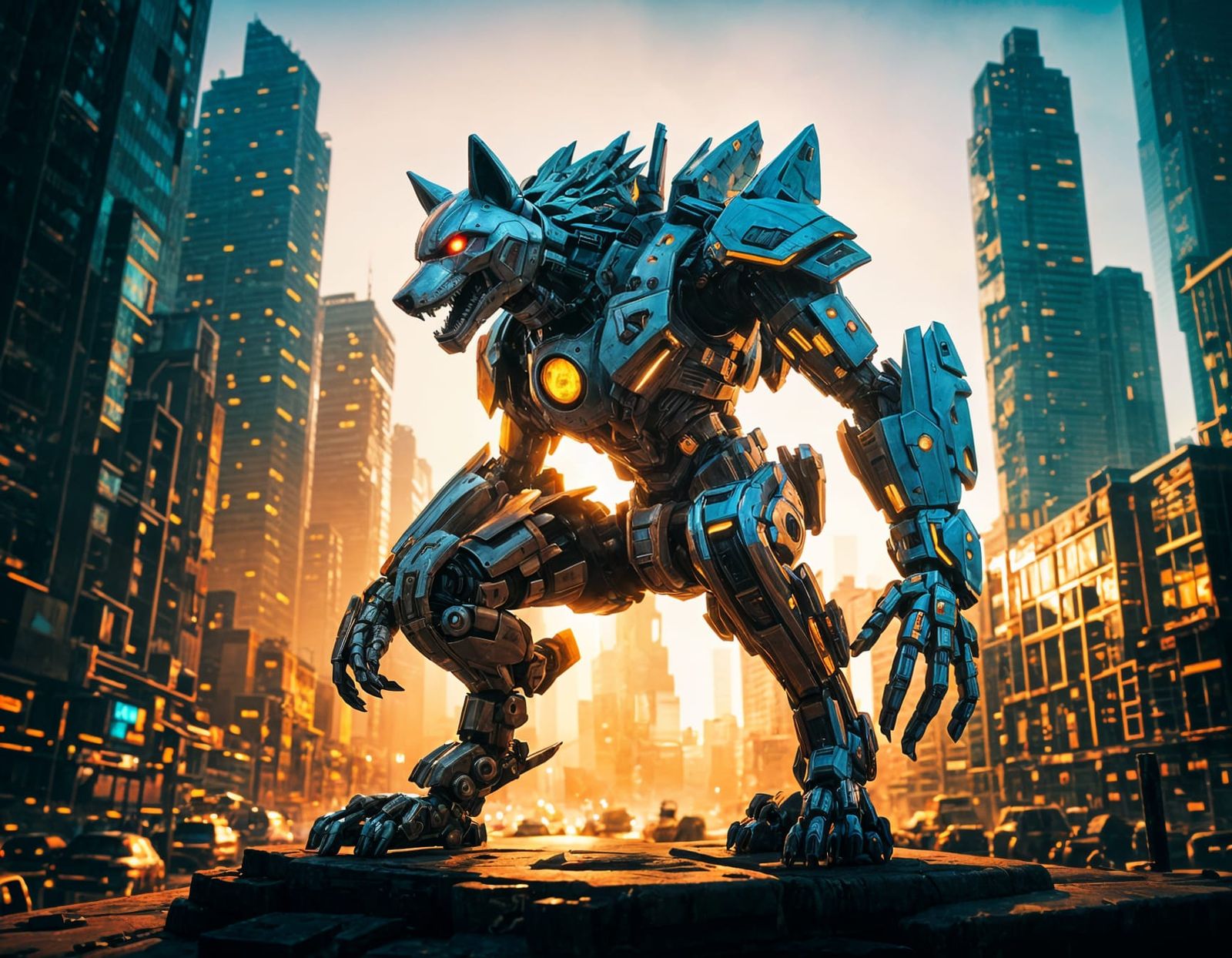 Humanoid Wolf Mech howling at Dawn