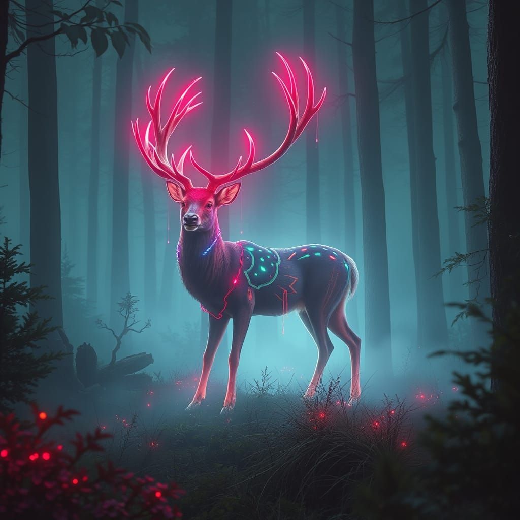 Retro-Futuristic Deer with Runes in Misty Forest