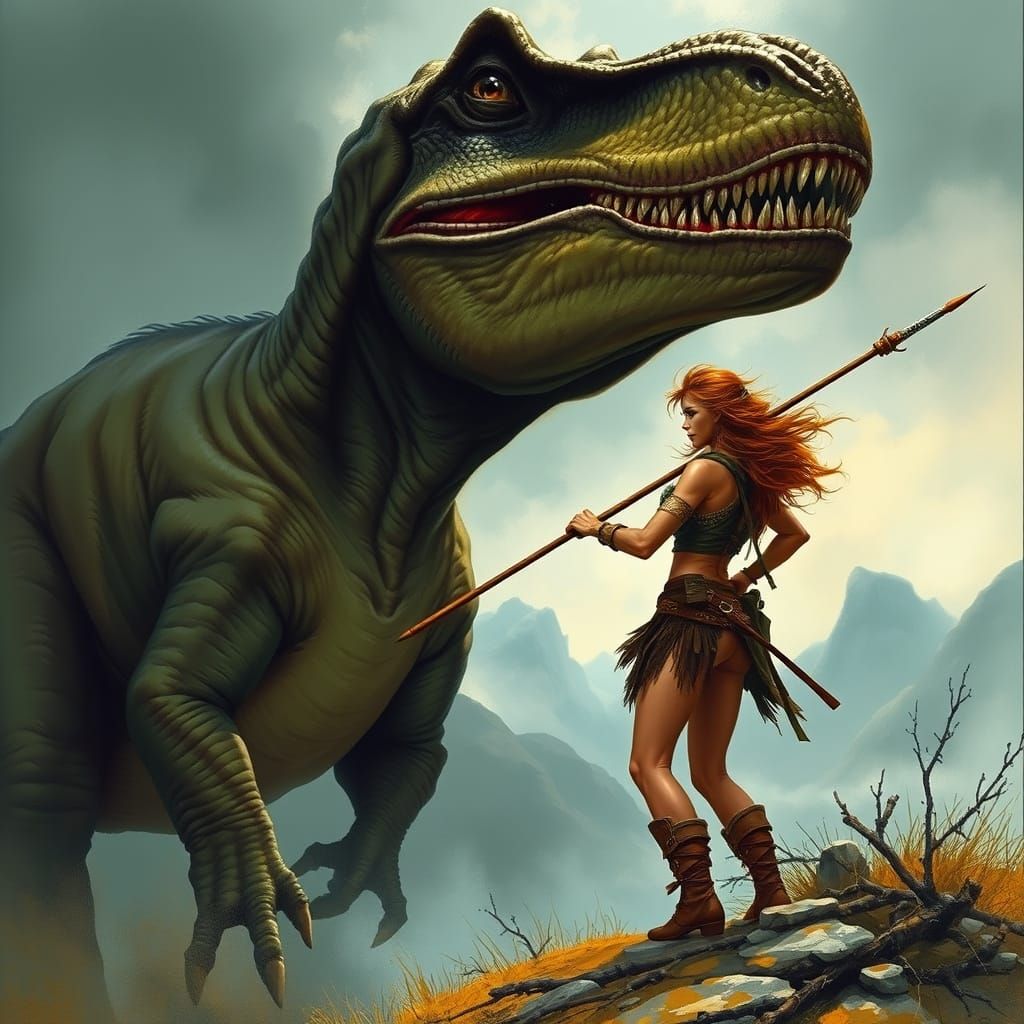 Huntress vs T-Rex in Jurassic Landscape Art