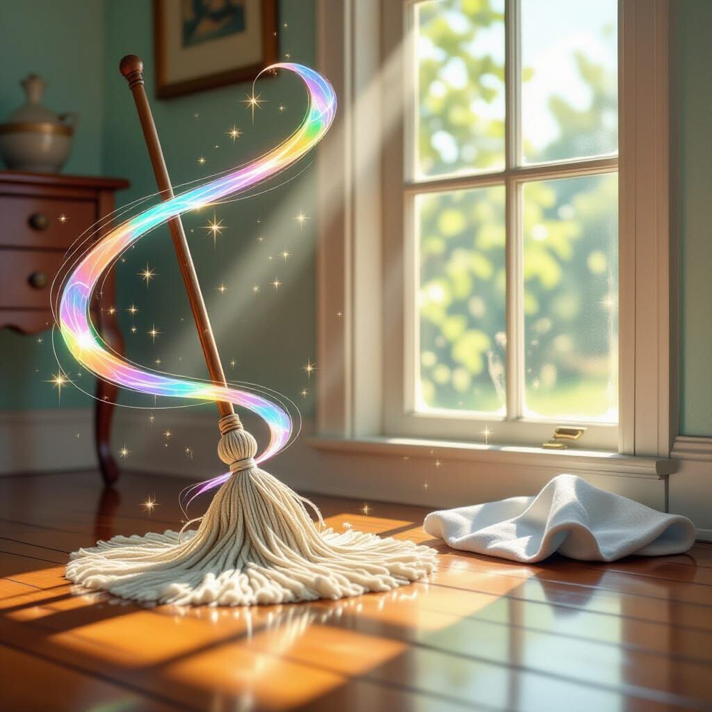 Magical Mop Cleans Window in Storybook Style