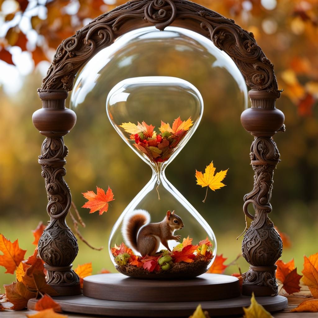 Autumn Hourglass with Squirrel and Leaves