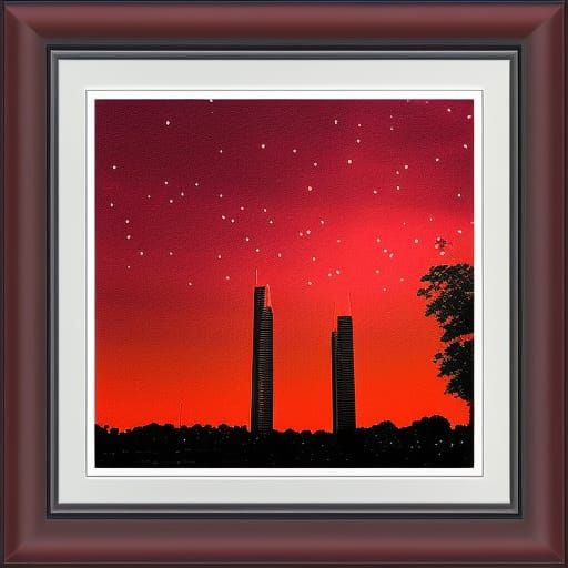 Skyscrapers in Red Night Sky: Abstract Art Forms