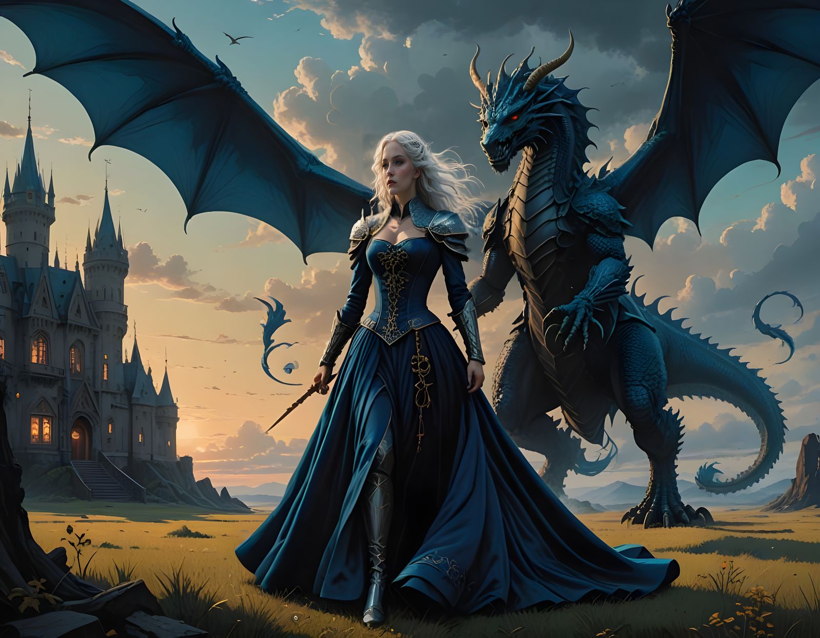 Regal Woman and Silver Dragon in Majestic Medieval Scene