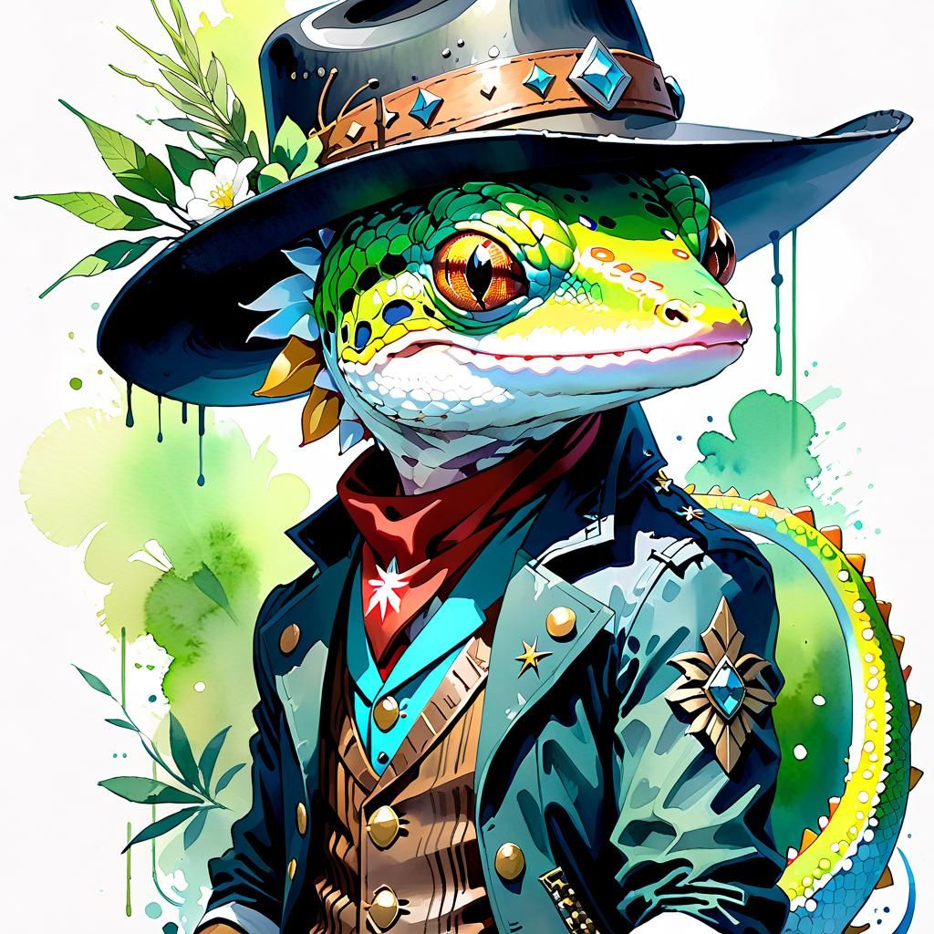 Cattlepunk Gecko Sheriff in Watercolor Manga Style