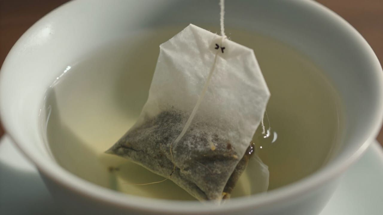 Teabag Unfurling Inside Cracked Teacup, Hyperrealistic