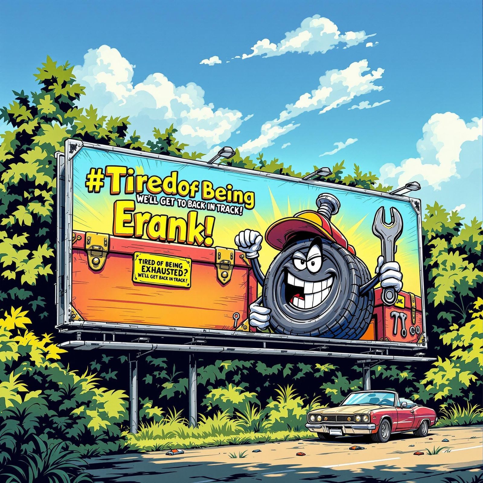 A vibrant, cartoonish billboard bursts from the roadside greenery.  A grinning, anthropomorphic tire, sporting a mechani...
