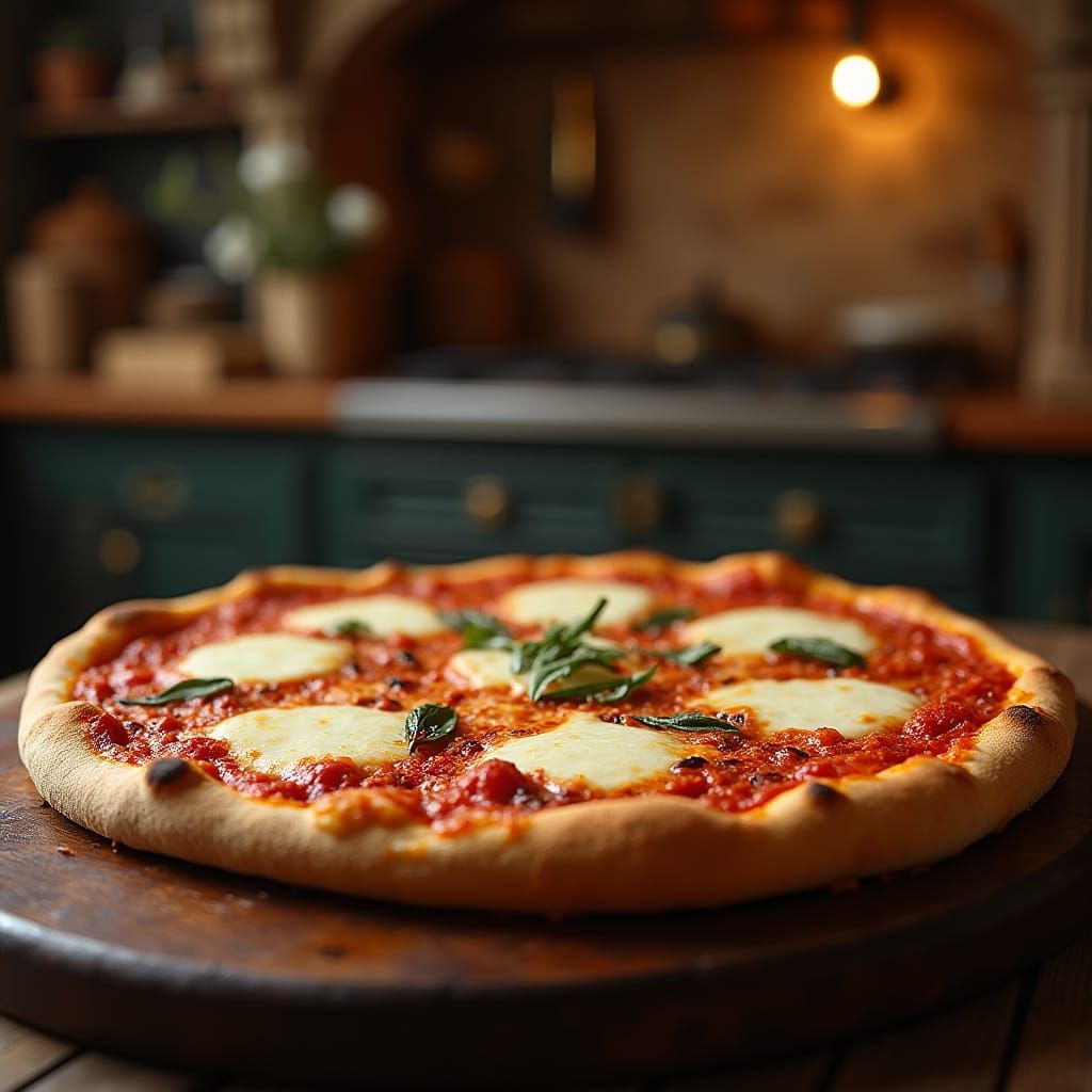 Warm Italian Kitchen Scene with Freshly Baked Pizza