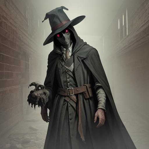 Plague Doctor Confronts Asylum Spirit in Dark Tunnels