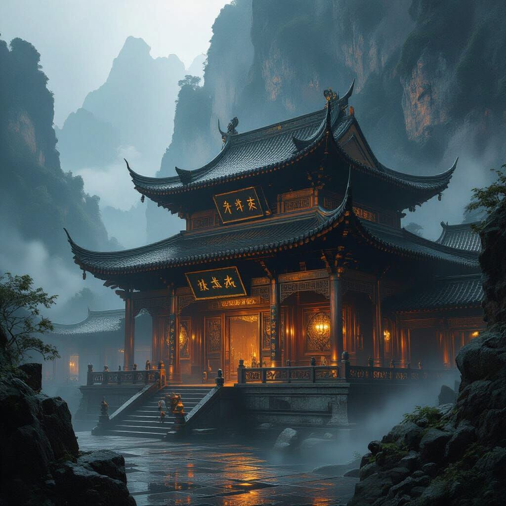 Ancient Copper Temple in Misty Mountains