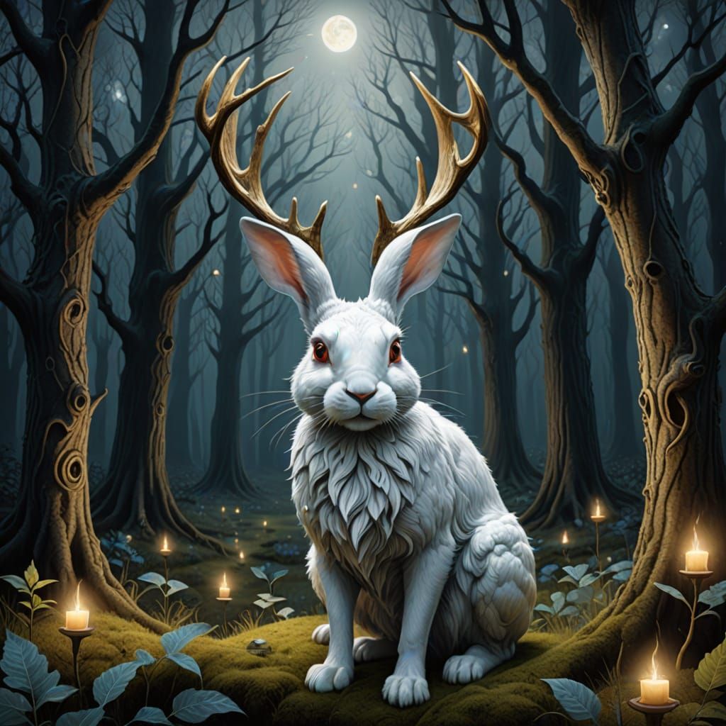 Majestic Antlered Rabbit in Enchanted Forest