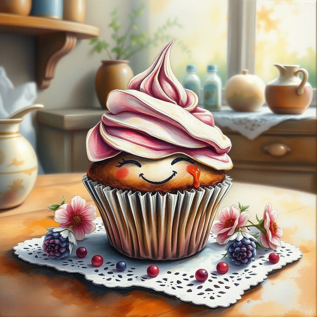 Happy Cupcake Sparkles in Gouache-Style Charcoal Drawing