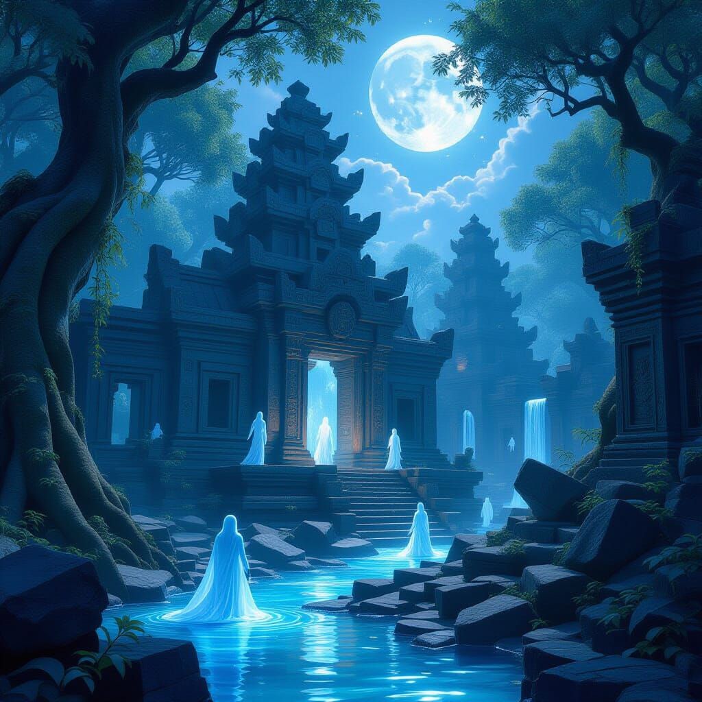 Ancient Moonlit Temple Ruins in Twilight Forest