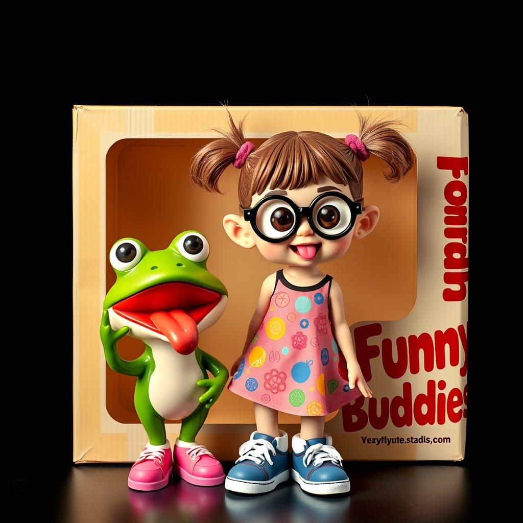 Whimsical Girl Posed with Bobblehead Frog in Front of Funny ...