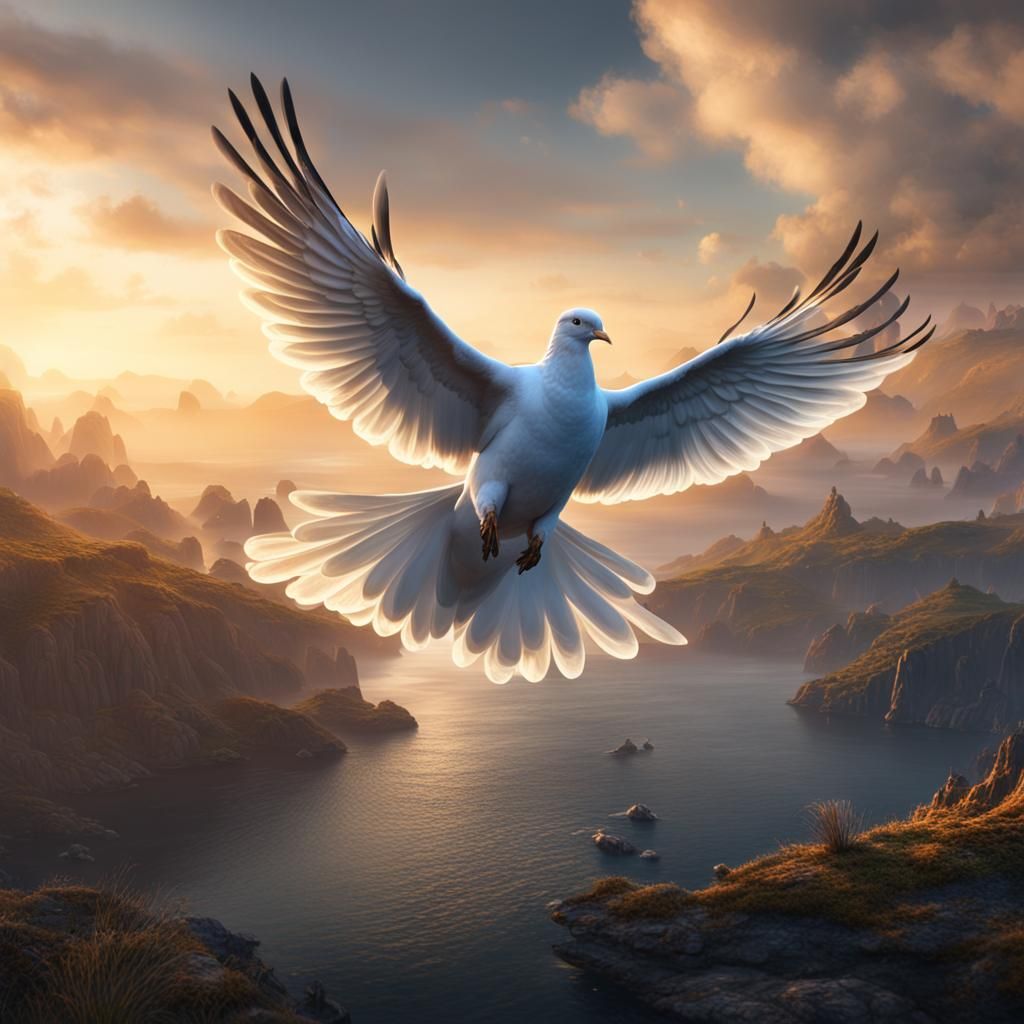 Dove Flying Over Horizon in Detailed Matte Painting