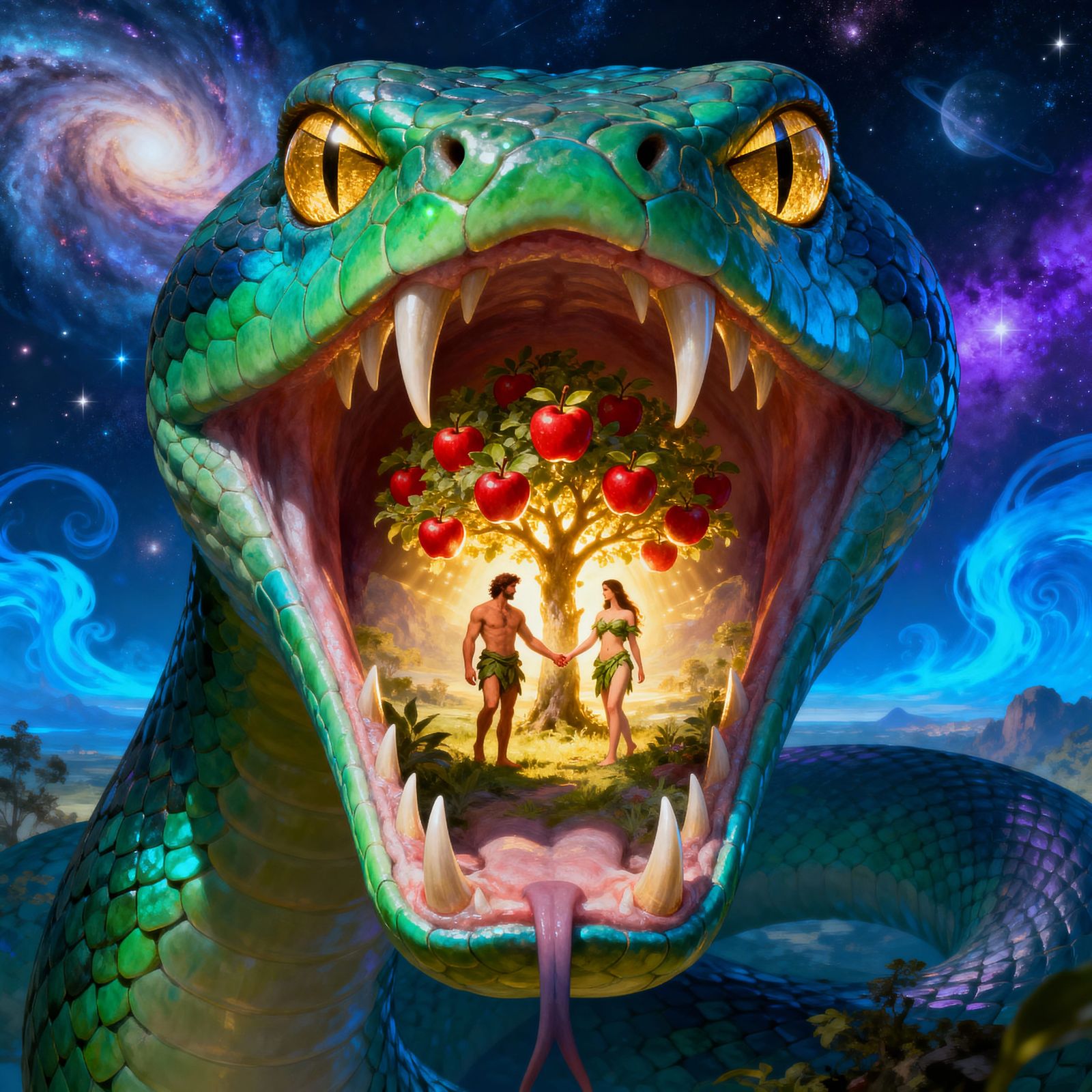 Cosmic Serpent Reveals Eden Landscape in Surreal Art