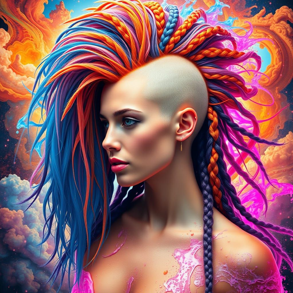 Beautiful Woman with Mohawk in Cosmic Energy Storm