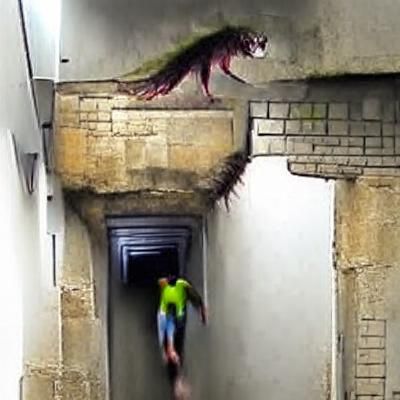 Man Chased in Narrow Concrete Corridor