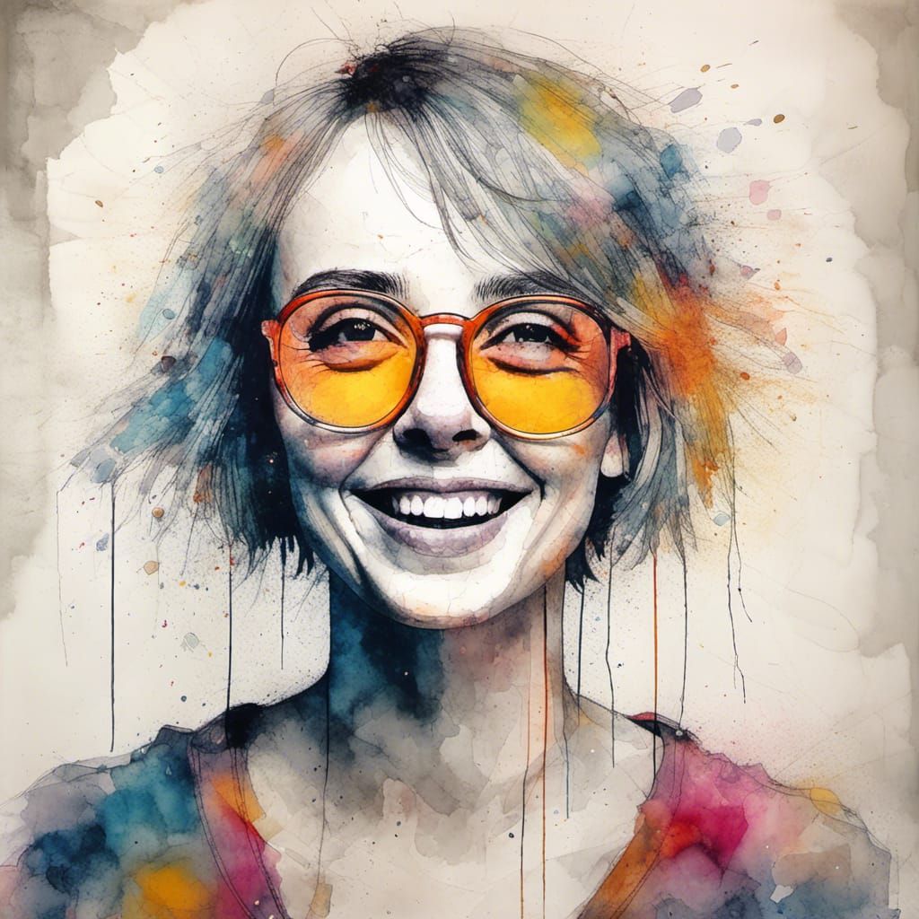 Joyful Girl with Bob Haircut: Abstract Digital Art