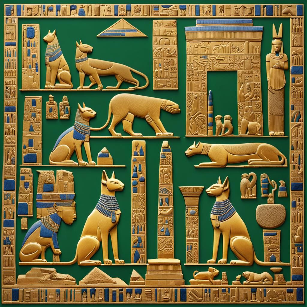 Egyptian Temple Scene with Pyramids and Gods