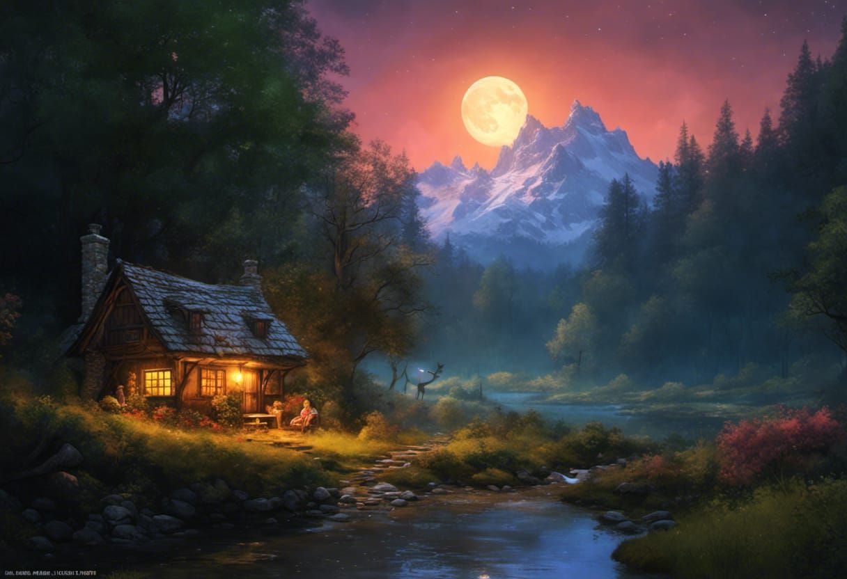 Enchanted Cottage in Forest Clearing at Night