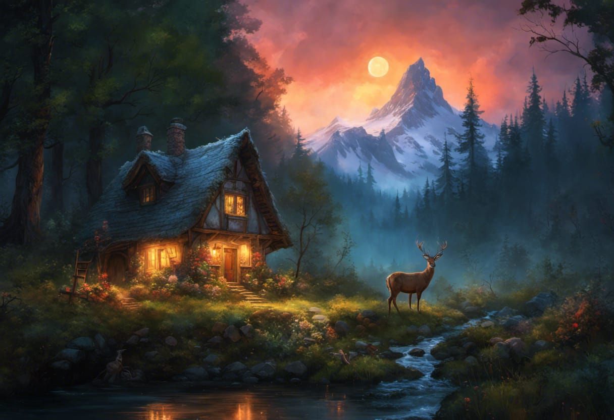 Cozy Cottage Scene with Deer at Night