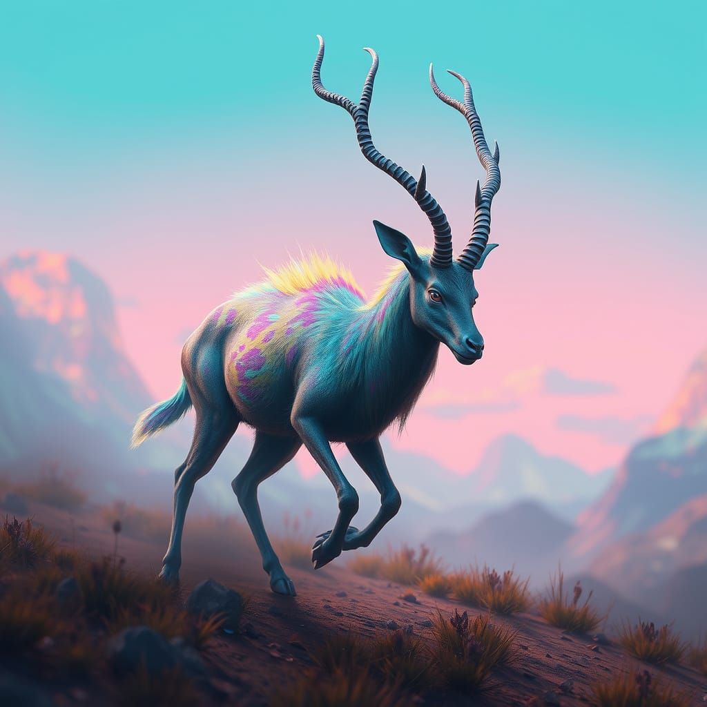 Iridescent Antelope in Dreamlike Landscape