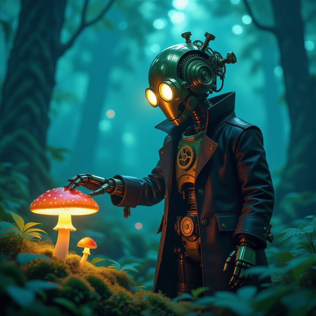 Brass Automaton in Bioluminescent Forest