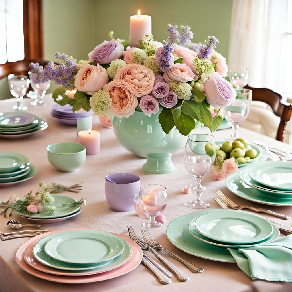 Pastel Table Setting with Dinnerware and Floral Centerpiece