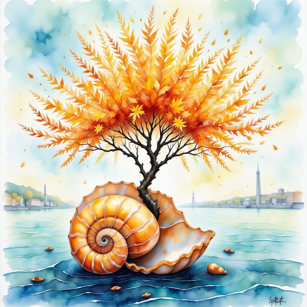 Nautilus Shell and Maple Tree in Impressionist Style