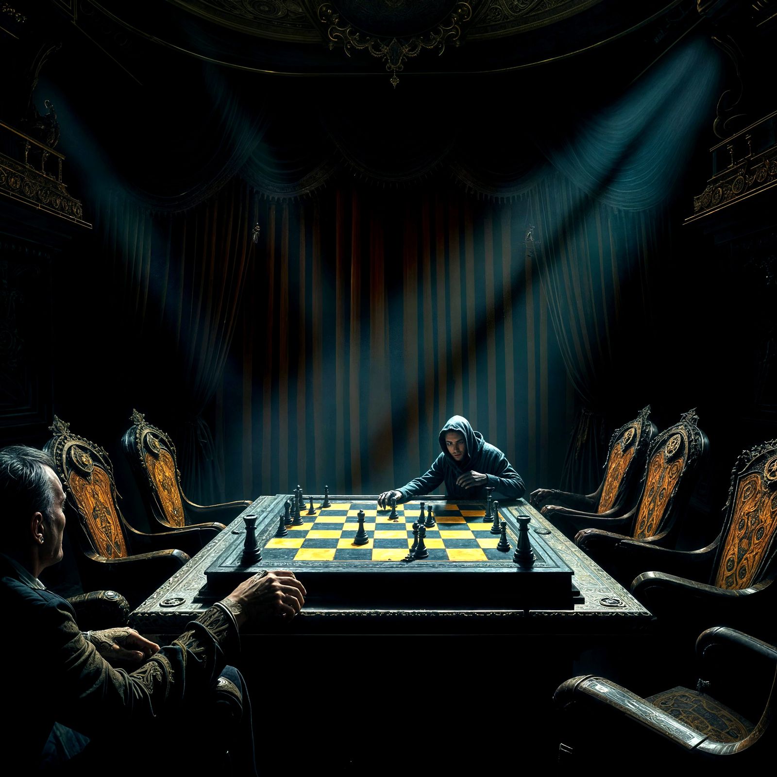 Dystopian Game in Dimly Lit Theatre