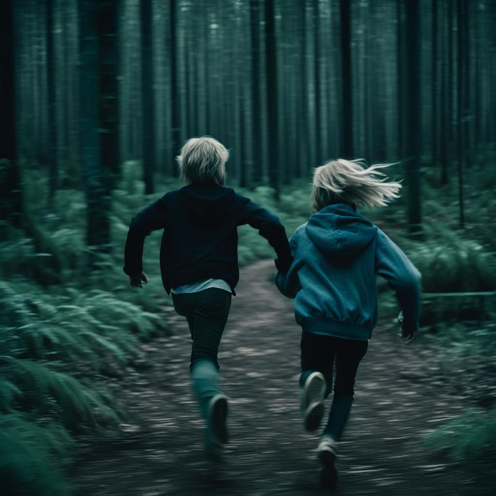Children Running in Ominous Forest: Cinematic Film Still