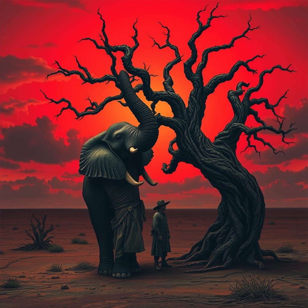 Elephant Silhouette in Surreal Wasteland Landscape