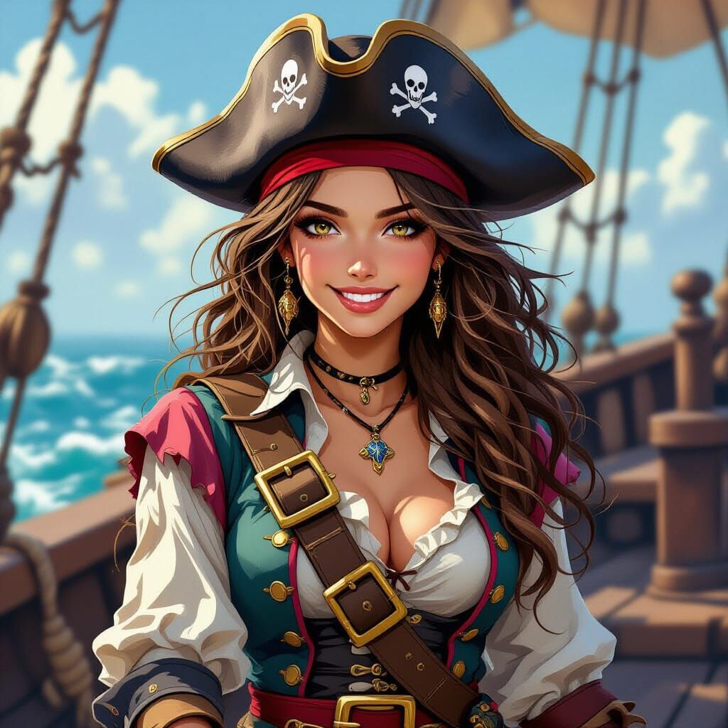 Proud Female Pirate on Ship in Hyper-Realistic Anime Style