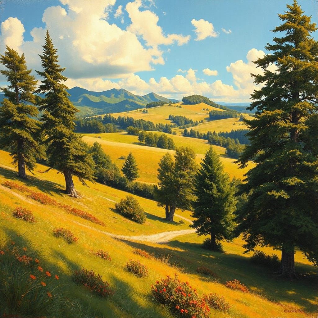 Golden Landscape Painting in Impressionist Style