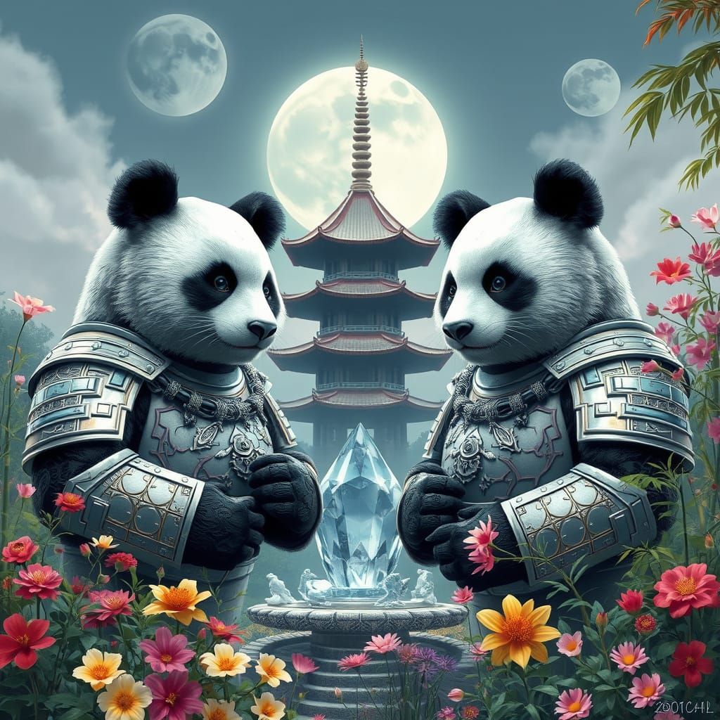 Majestic Panda Guardians in a Moonlit Garden Oasis