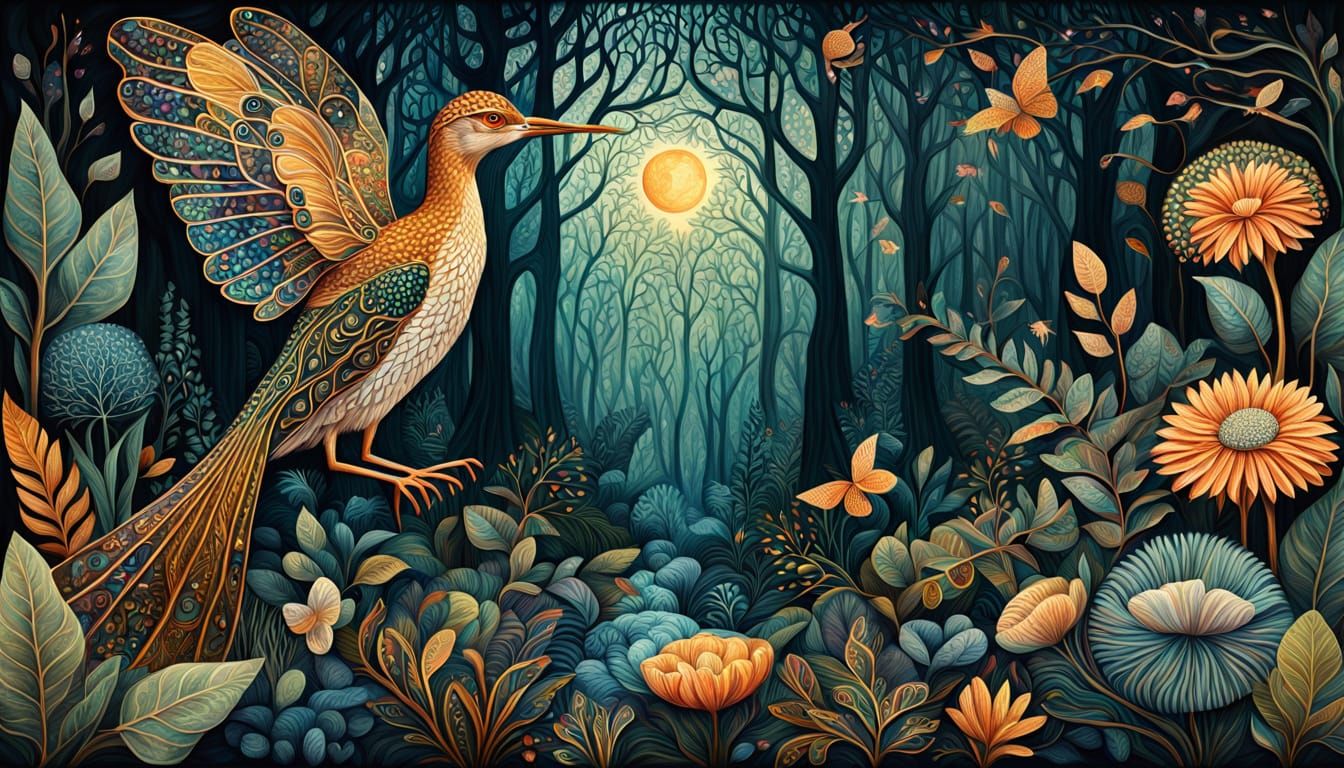 Surreal bio art sculpture. Medium shot. A sunbittern with ir...