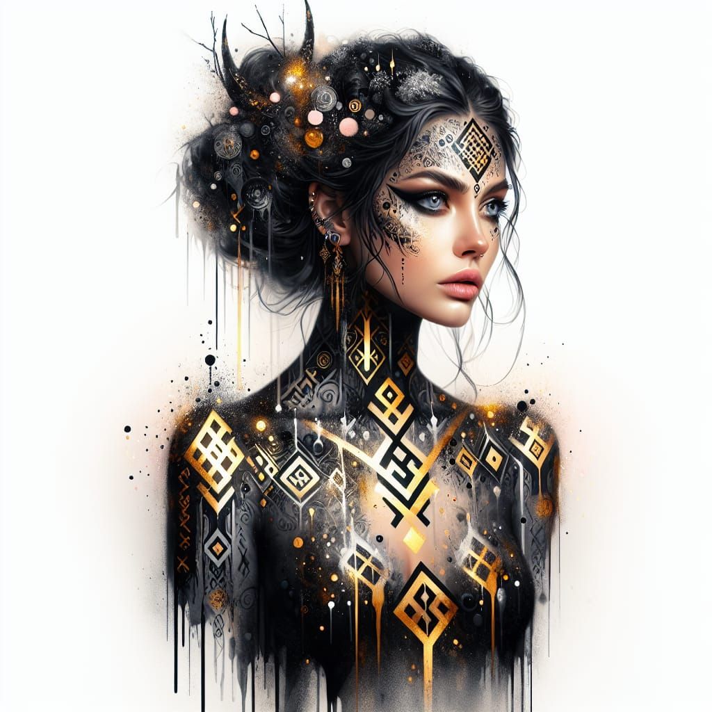 Norse Woman with Glowing Runes in Romantic Graffiti Style