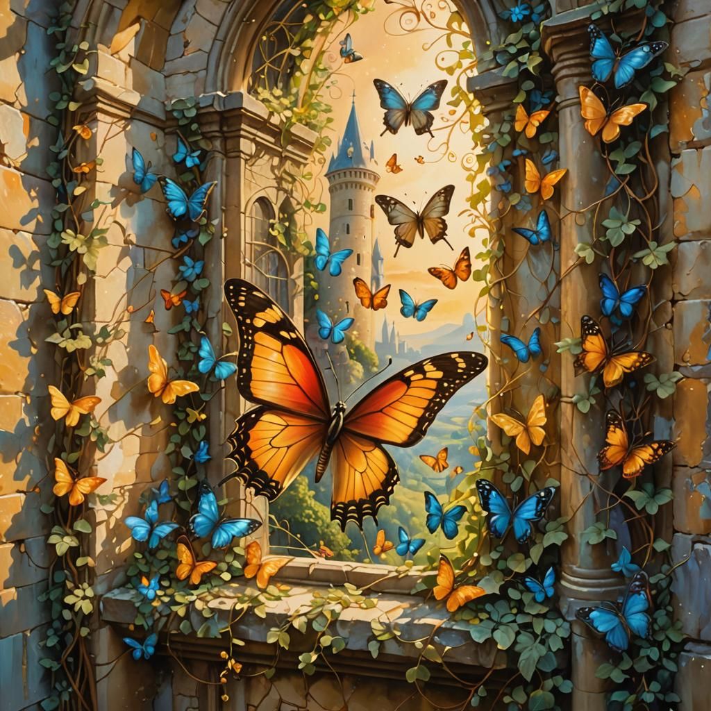 Butterflies Escape Tower Window in Surrealist Oil Painting