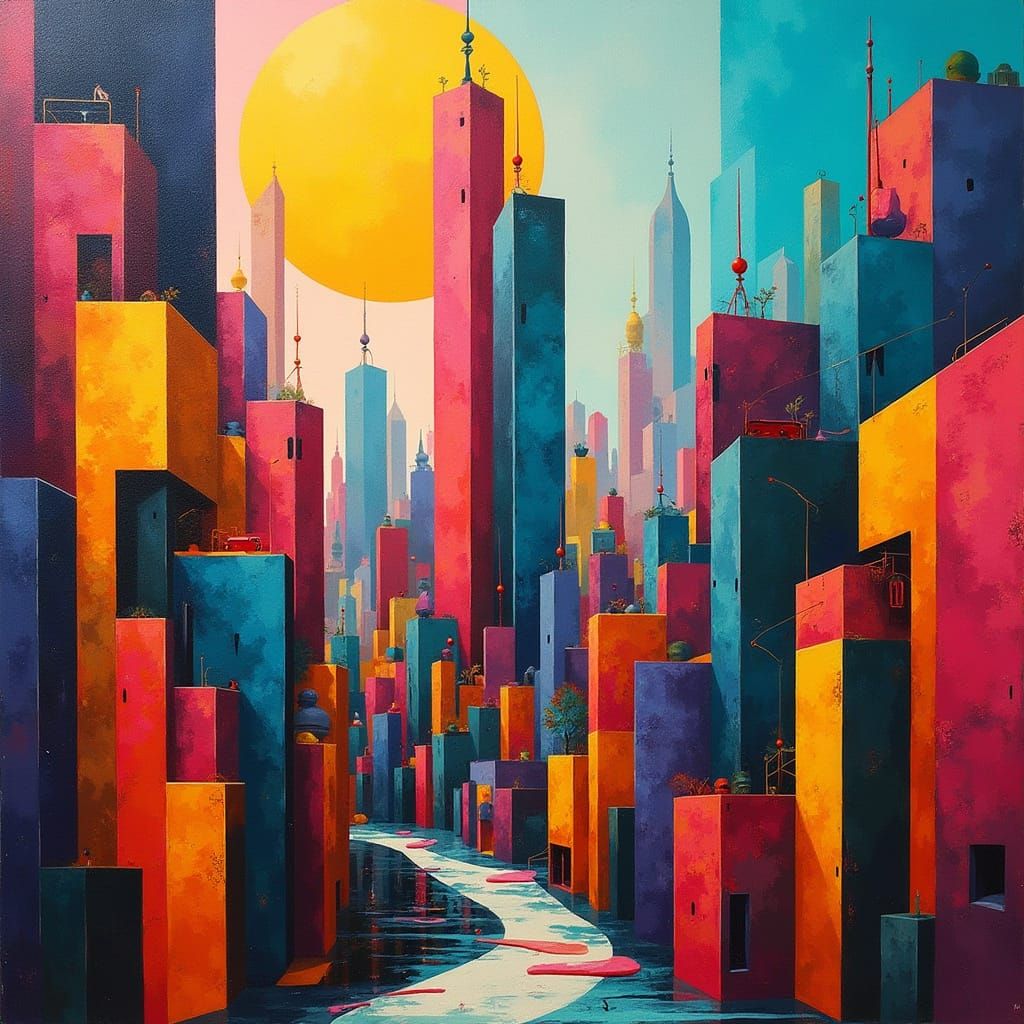 Cubist Futuristic Cityscape in Vibrant Geometric Style