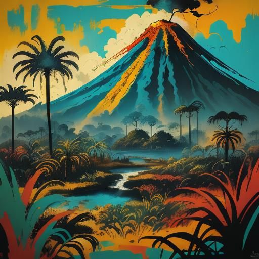 Volcano in Jungle Sketch with Intricate Details