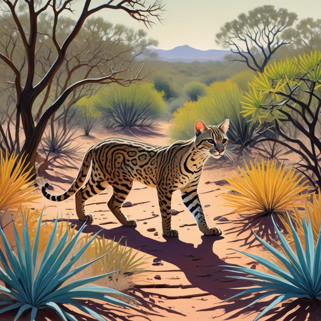 Ocelot in Texas Desert, Fauvist Wet Wash Painting