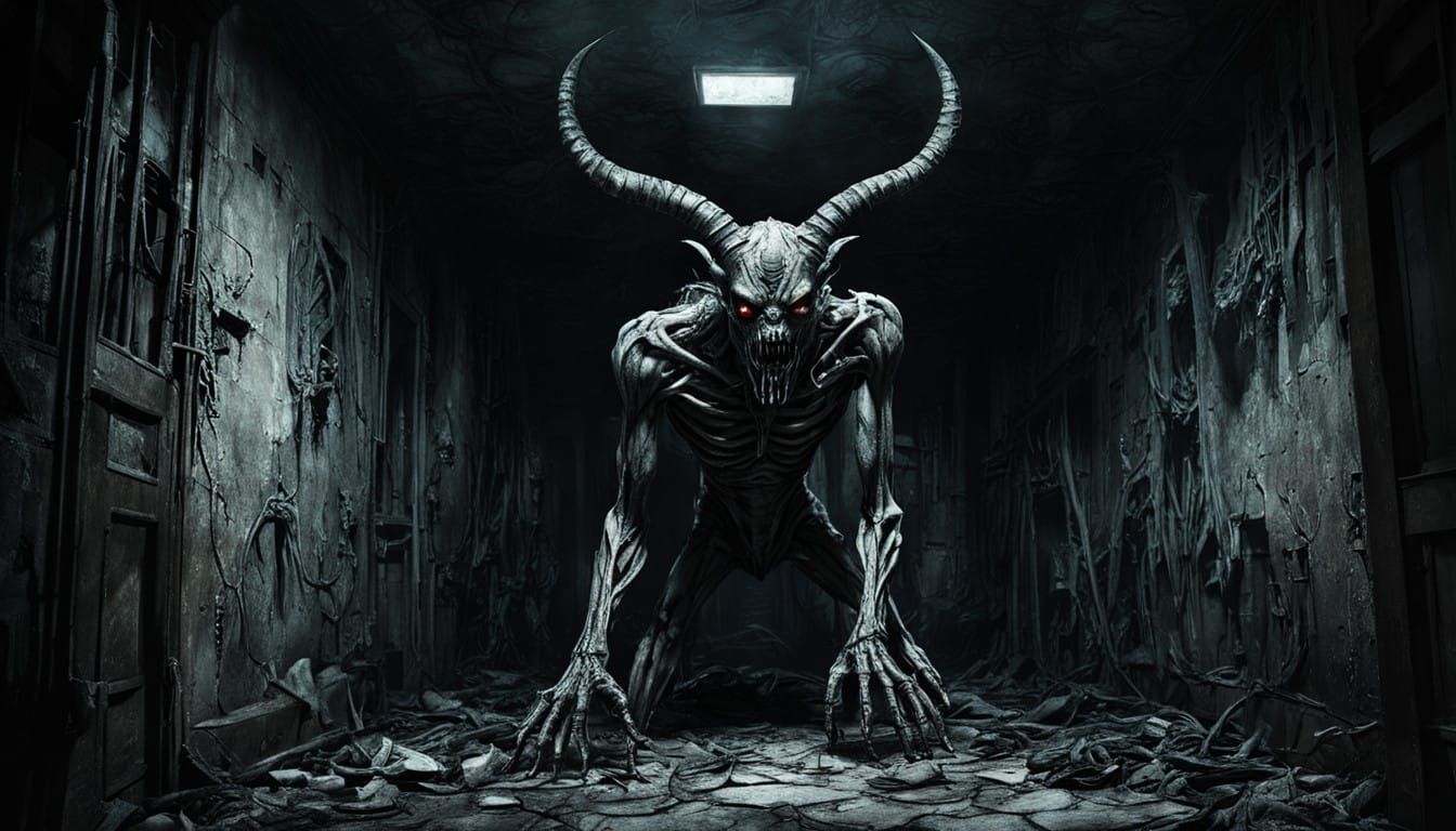 Gothic Creature Emerges from Shadows in Dark Abandoned Chamb...