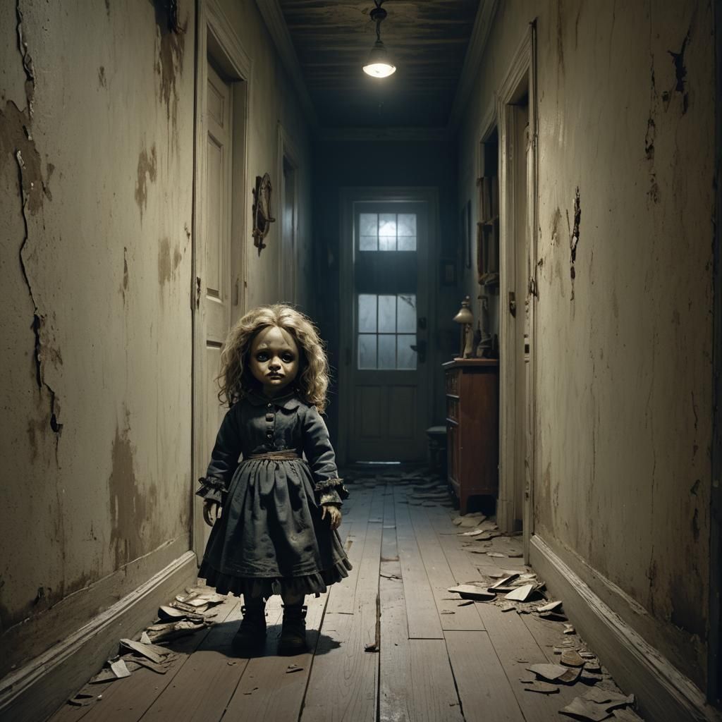 Sinister Doll in Eerie Hallway: Gothic Horror Art