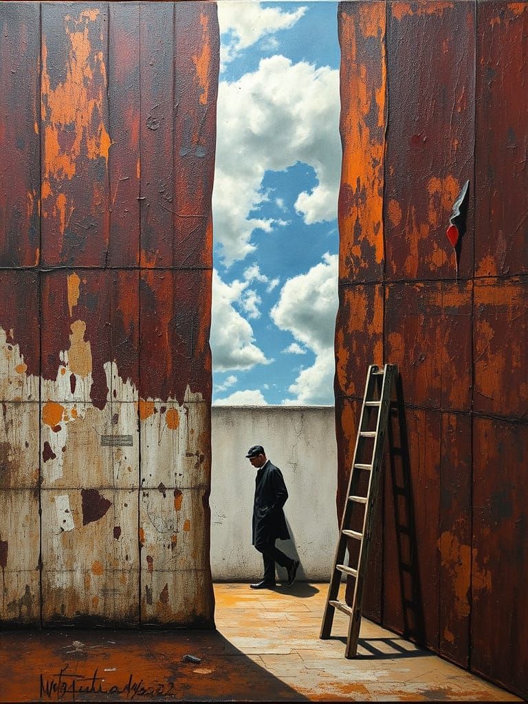 Surreal Abstract Acrylic Painting with Ladder and Figure