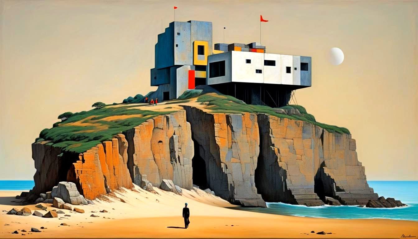 Retrofuturistic Beachcomber on Cliff in Bauhaus Style