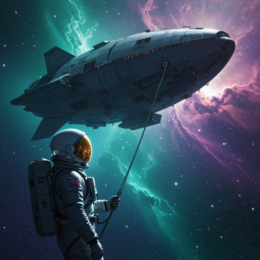 Astronaut Tethered to Skeletal Spaceship in Nebula