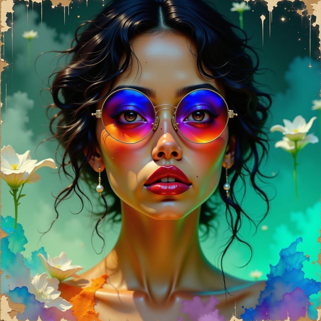 Striking Woman with Violet Glasses in Dreamy Portrait