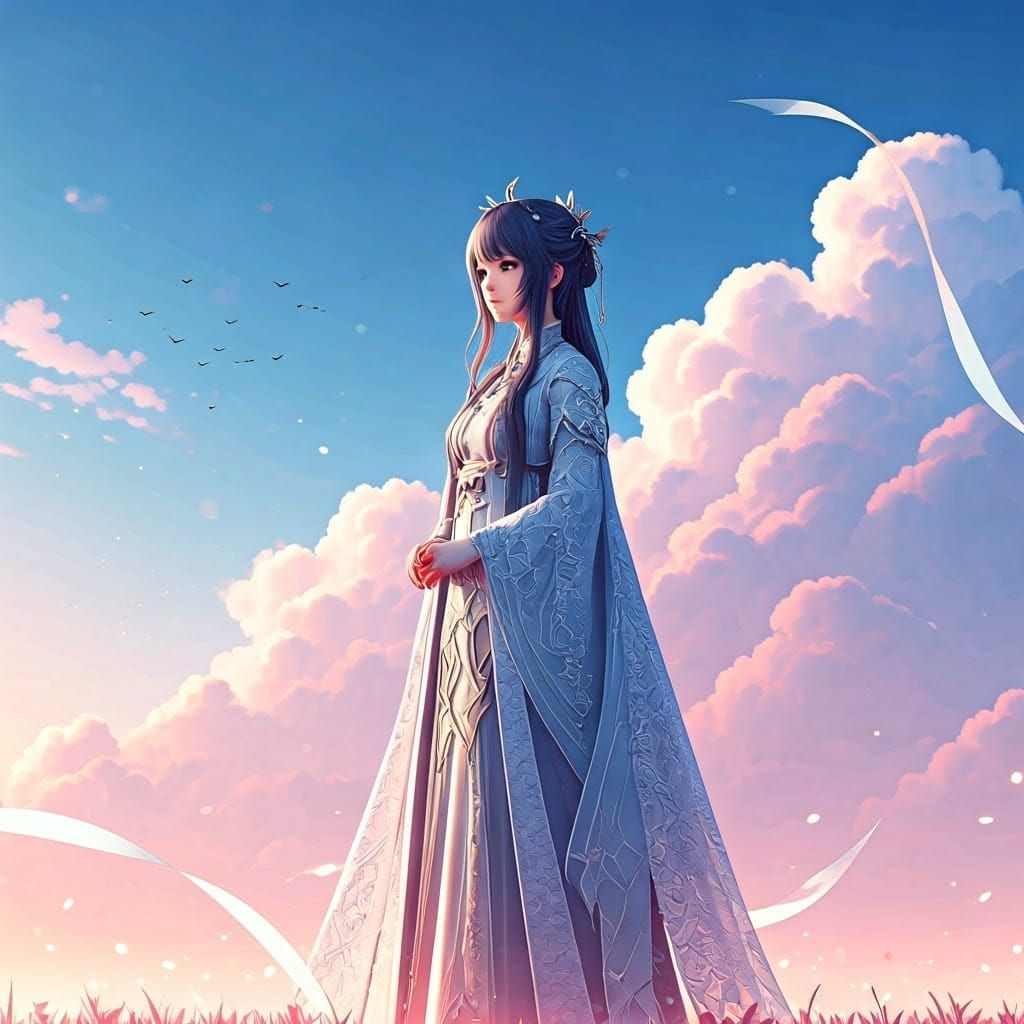 Serene Anime-Inspired Scene with Lone Figure in Ethereal Att...